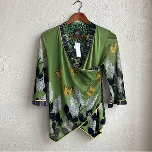 Y2K Beauty Green Butterfly Flower Print Sheer Women's Top XL